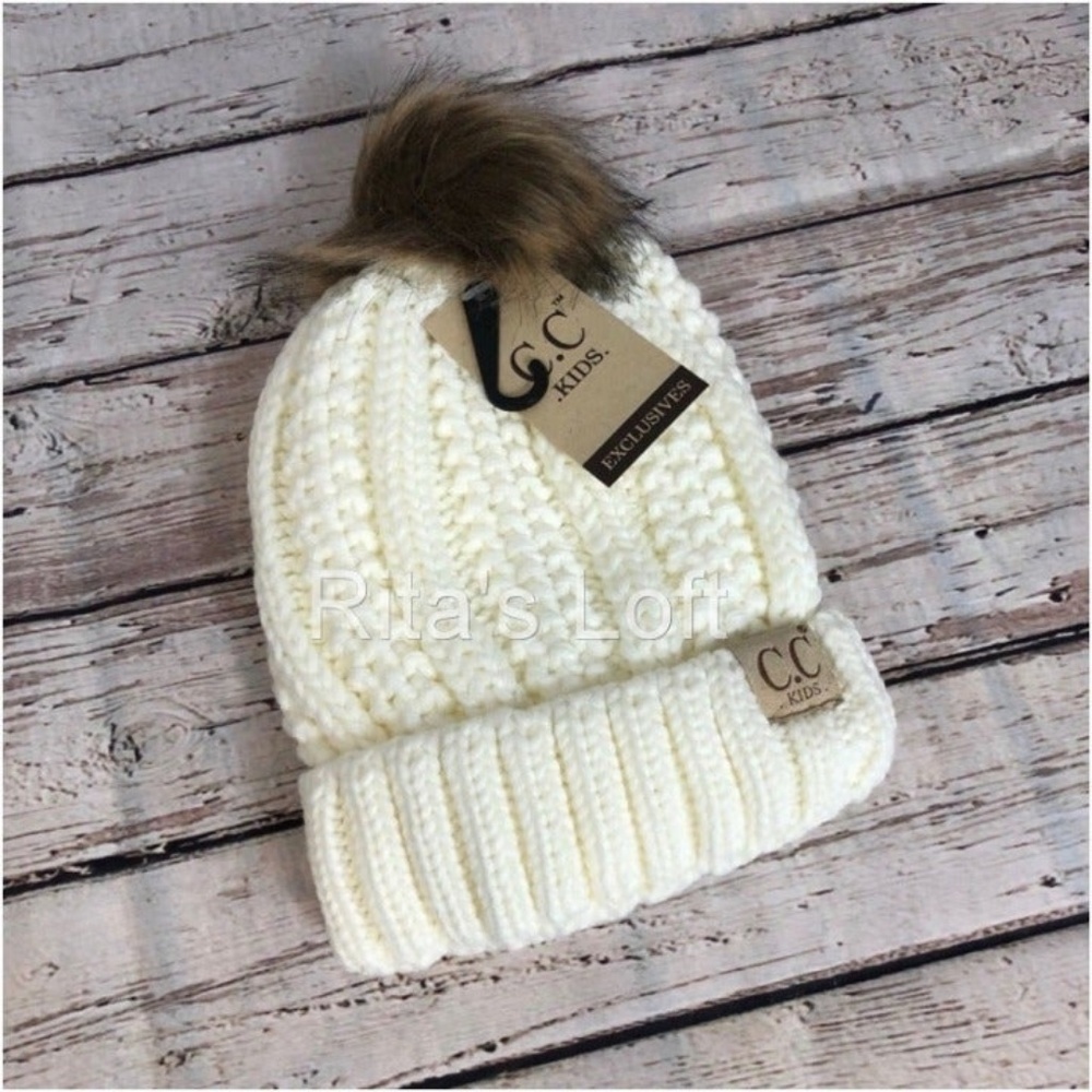 CCBeanie Kids Lined Faux Fur‎ Pom Hat 2-7 years